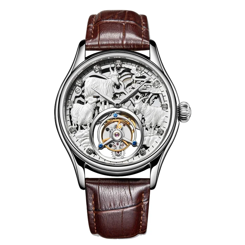 Aesop 7008 Manual Tourbillon Men\'s Mechanical Watch With Hollow Movement Leather Stainless Steel Sanyang Kaitai Sapphire 2024