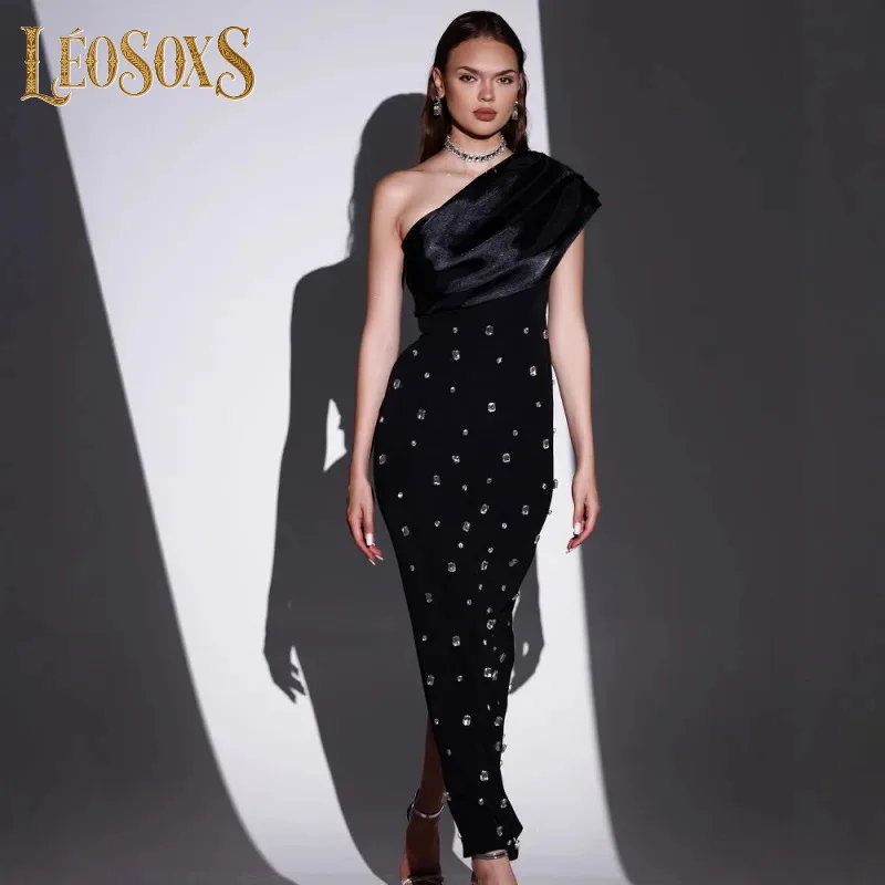 LEOSOXS Womens Elegant Evening Dress Rose Black One-Shoulder Patchwork Beaded Luxurious Rhinestone Sexy Asymmetric Bodycon Dress