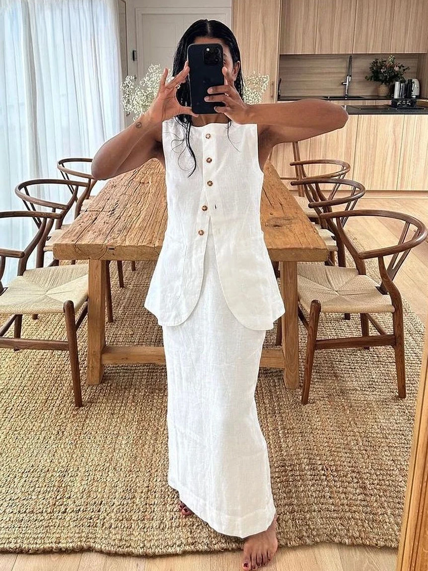 Bornladies Summer Slim White Cotton Two Piece Set Women Outfit 2023 Elegant Sleeveless Tops With High Waist Long Skirts Sets