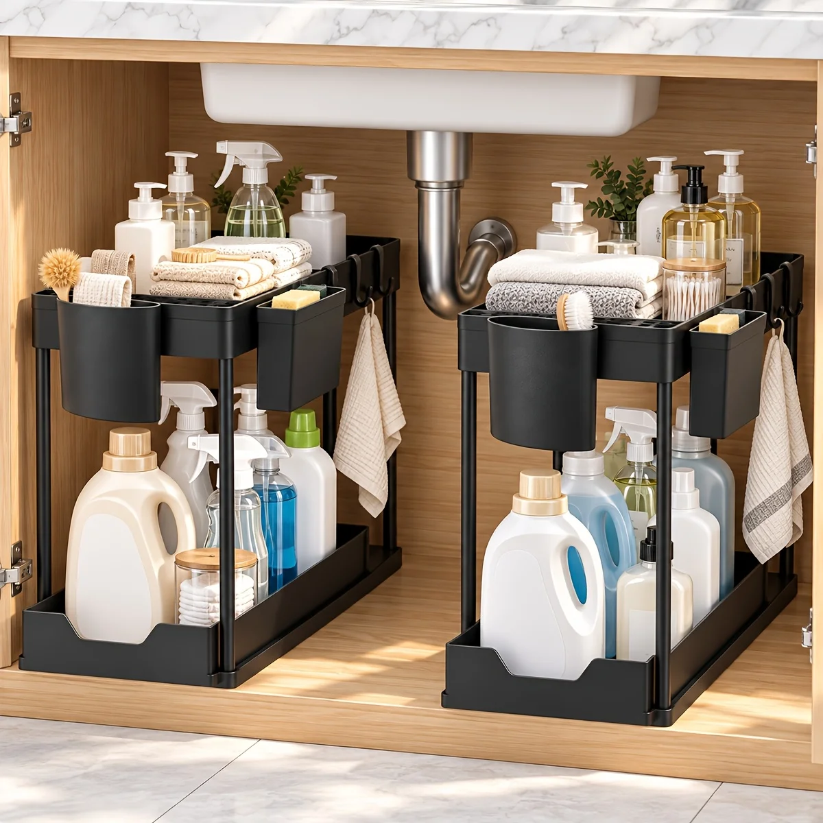2pcs Under Sink Organizer, 2-Tier Pull Out Storage Cabinet, Multi-Purpose Storage Rack for Kitchen, Bathroom, Laundry Room & Study Room, with 10 Hooks And 4 Hanging Cups, Tidy Up Clutter, Ideal Holiday Gift