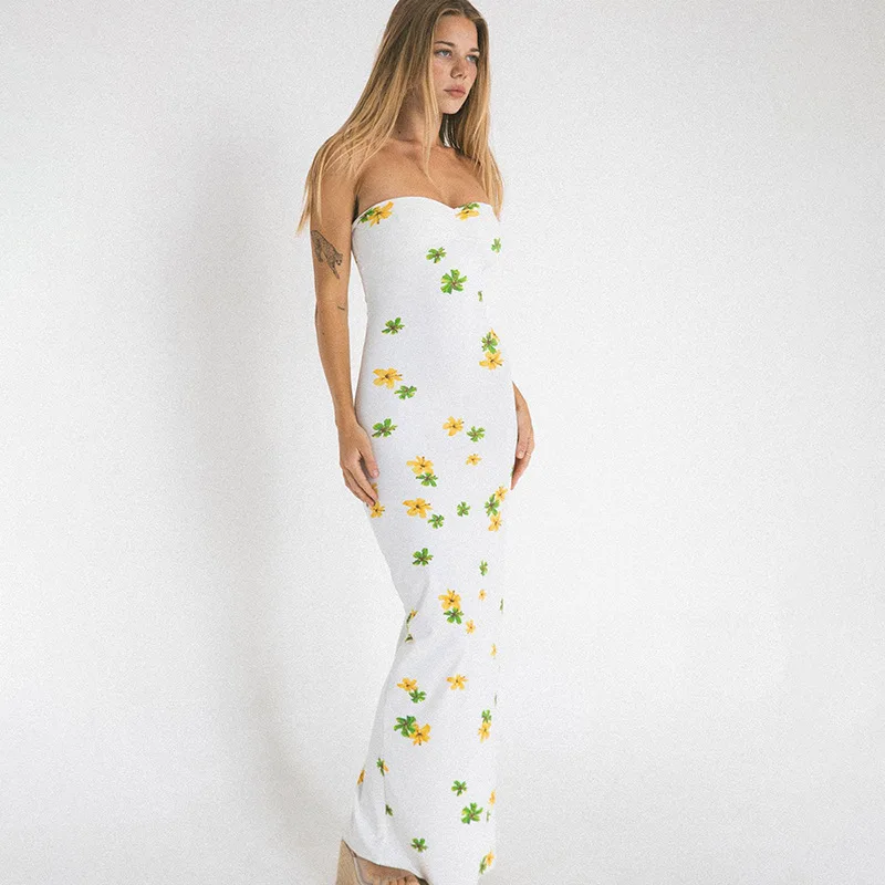 Dames 2025, nieuwe geplooide bloemenjurk, lange rok met hoge taille, bedrukte strapless rok zomerjurk strand 2025, zwemkleding cover-up