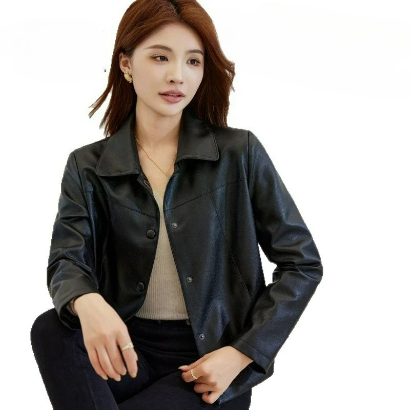 2026 Spring Autumn New Single-breasted Leather Jacket Single-lining Leather Women Slimming Motorcycle Women Short Leather Coat
