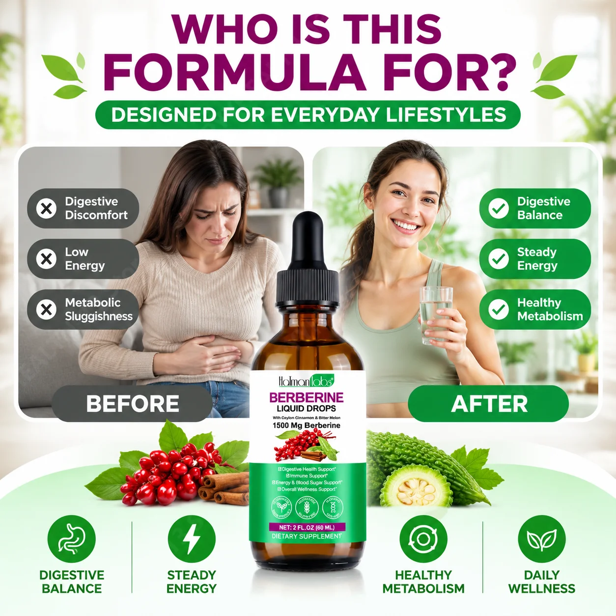 Berberine Drops Promote Digestive Balance and Maintain Metabolic Health Ceylon Cinnamon and Bitter Melon Extract 60ml 60 Days