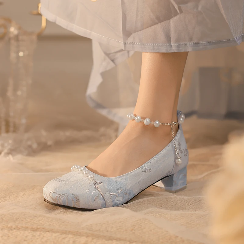 Large Chinese Style Hanfu Qipao Shoes Lolita Princess Women's Shoes Pearl Middle Heel Round Head Girls' Shoes