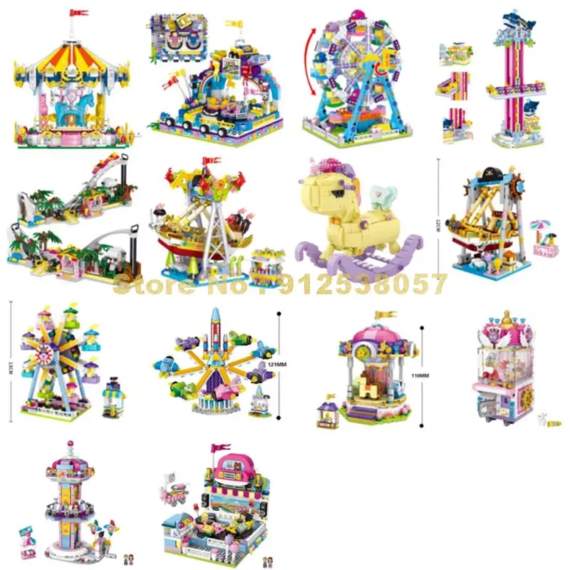 Amusement Park Roller Coaster Carousel Ferris Wheel Pirate Ship Bumper Car Mini Diamond Building Blocks Toy