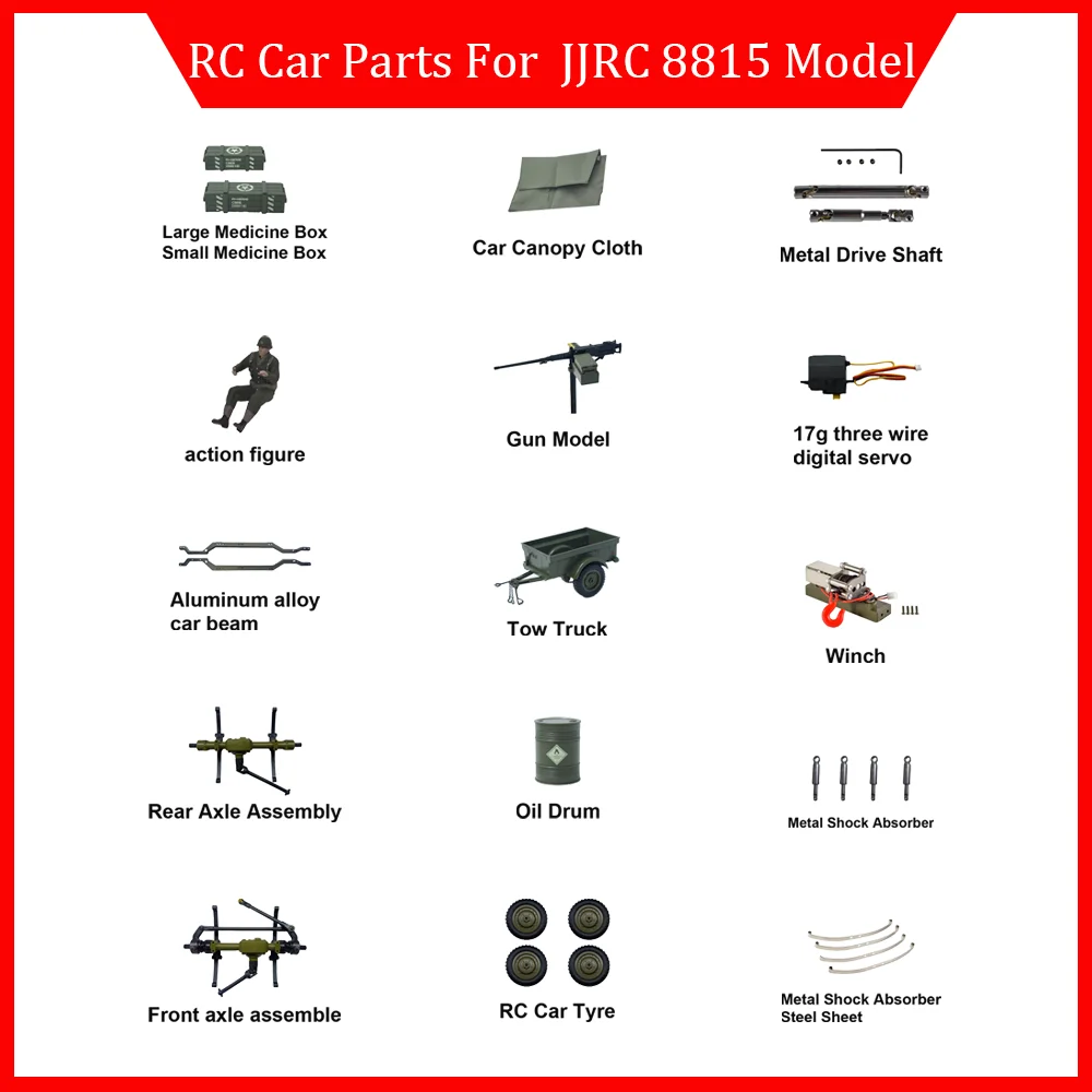 JJRC8815 Upgrade Parts and Accessories, Compatible With 8815, Winch, Machine Gun,Trailer, Metal Shaft, Soldier, Oil Drum