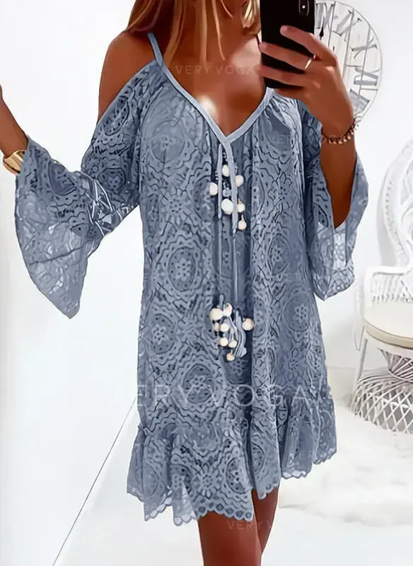 Neue Boho Strand Khaki blaue Spitze aushöhlen Sommer Sommerkleid Mini Strand kleider Frauen lässig ausgestellte Ärmel Party kleid Vestidos