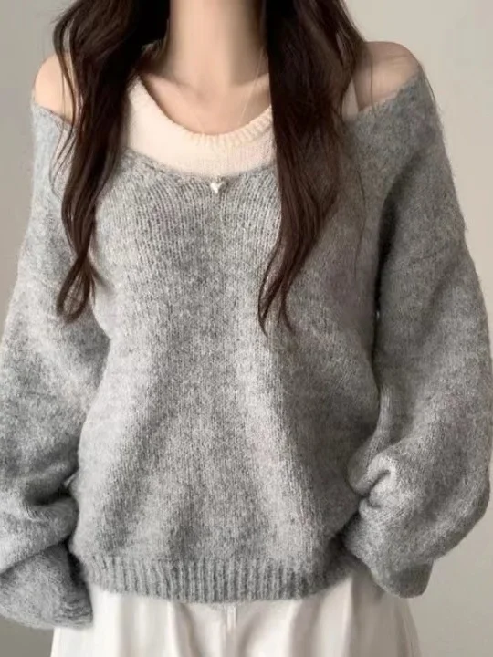 Afashion Korean Gentle Style Shoulder-baring Knitted Sweater Two-piece Set Women's Loose Versatile Outerwear Fashionable Autu