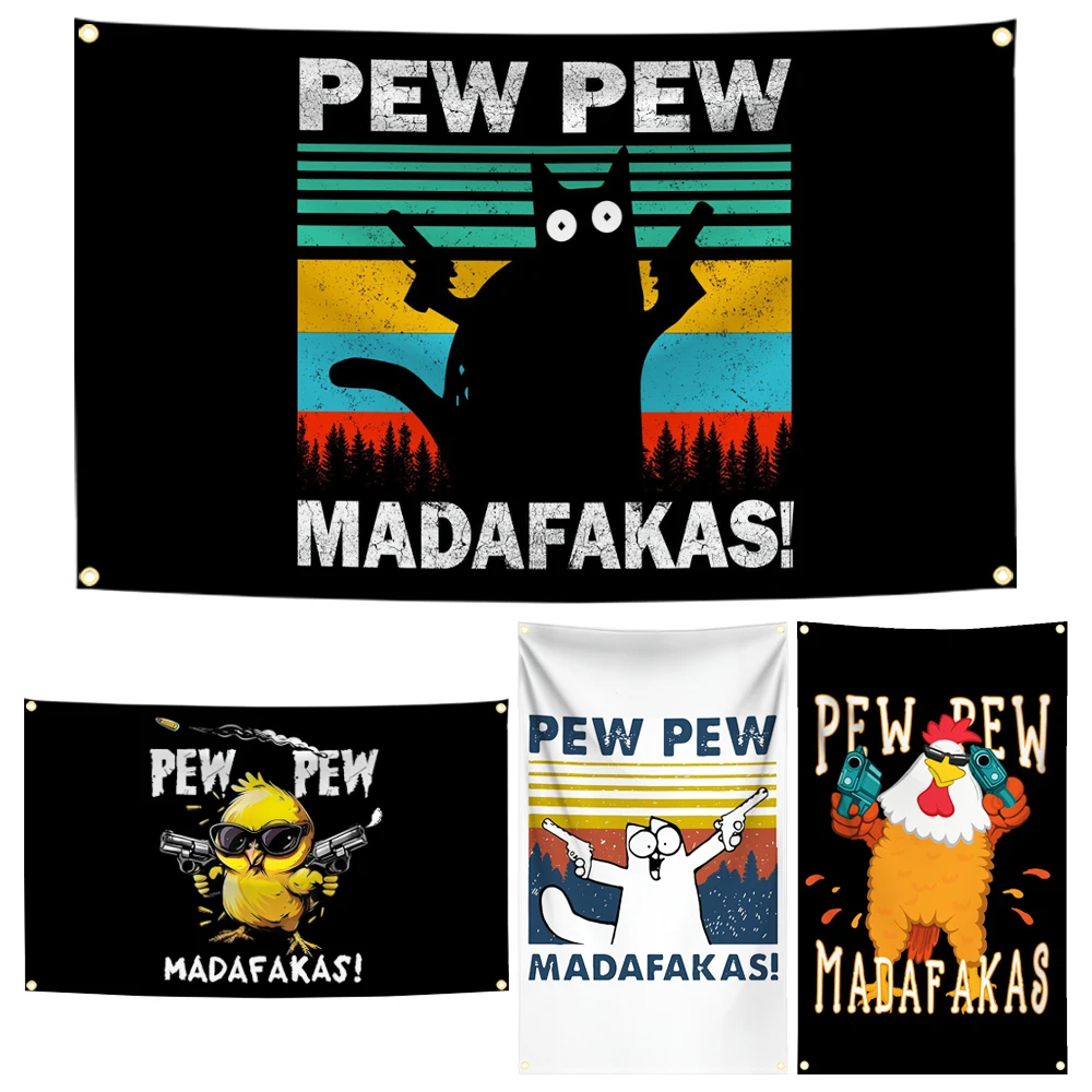 90x150cm PEW PEW Madafakas Gun Tactical Morale Badge Patch Black Cat Flag Tapestry Banner Wall Art Out Door Decoration