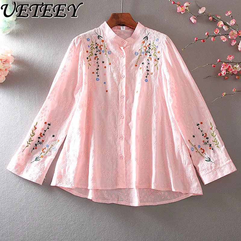 Artistic Machine Embroidery Simple Casual Loose A-Line Style Shirt Spring New Single-Breasted Ruffled Women's Top Camisas