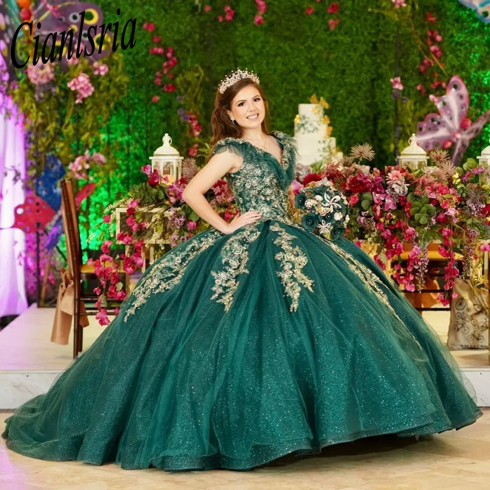 Green Ball Gown Quinceanera Dresses Gold Appliques Formal Prom Graduation Gowns Lace Up Sweet 15 16 Dress Off The Shoulder