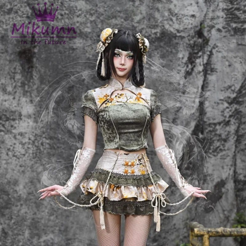 Blood Supply Original Gothic Lolita Shirts Women Chinese Style Buckle Stand Collar Print Blouse Y2k Aesthetics Slim Crop Tops