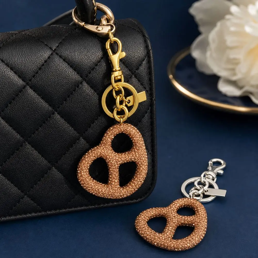 Sparkling Finish Pretzel Keychain Pretzel Shape Faux Food Style Pretzel Bag Charm Swivel Clasp Rhinestone Keychain