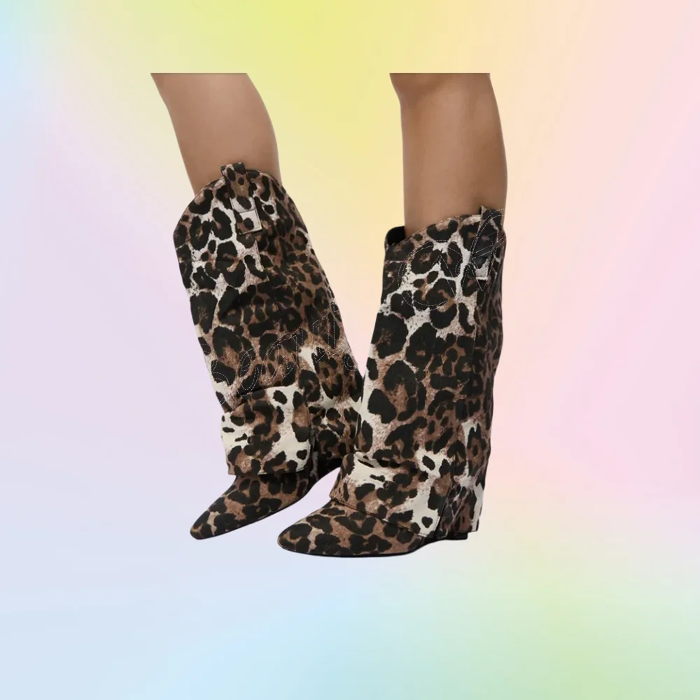 

Leopard Mid Calf Shark Boots Mixed Color Slip on Pointed Toe Shoes for Women Thin High Heels Shoes 2024 Zapatos Para Mujere