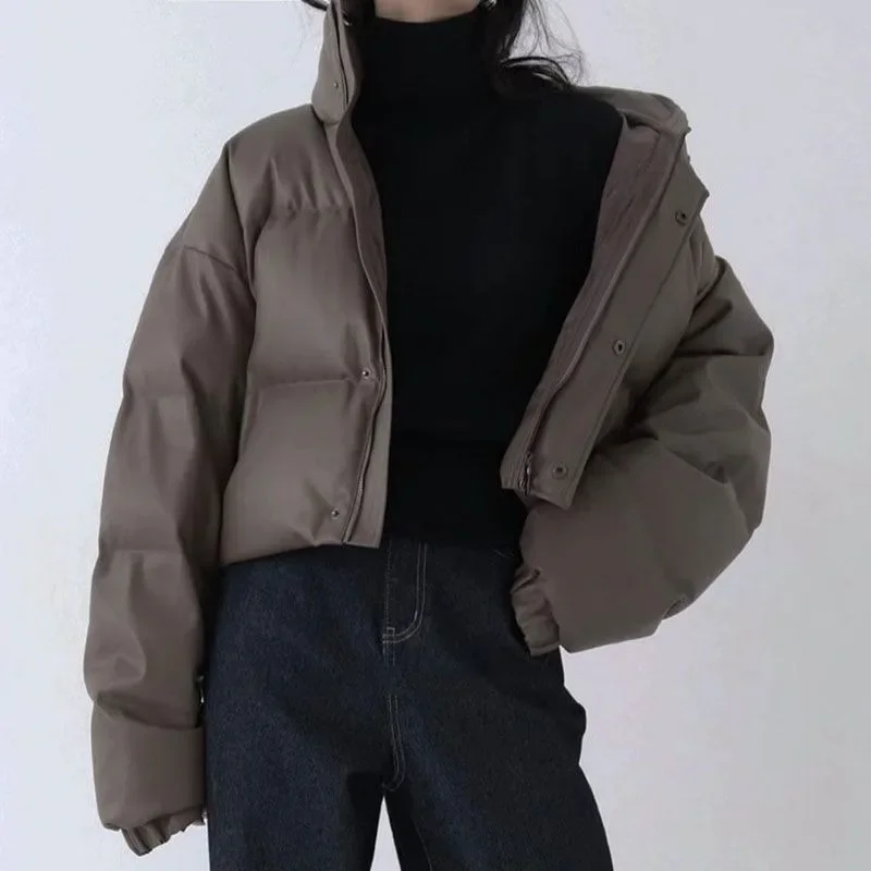 Vintage Parkas Women Winter Stand Thicker Keep Warm All-match High Street Leather Outwear Cold Wear Solid Loose Korean Chic Girl