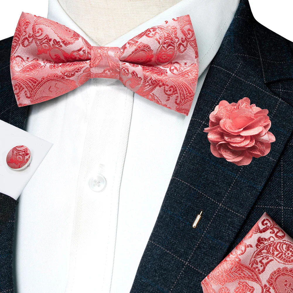 Champagner-Seiden-Jacquard-Paisley-Fliege für Herren, Brosche, Einstecktuch, Manschettenknöpfe-Set, vorgebundene Fliege mit Schmetterlingsknoten für Männer, Hochzeit, Geschäft – Detail 20