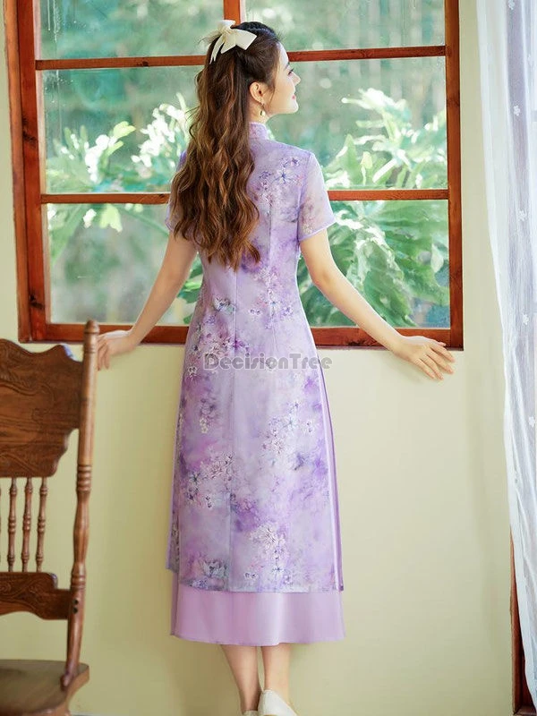 2025 oriental classical beauty improved qipao temperament printing fairy vietnam aodai set mandarin collar elegant chiffon dress