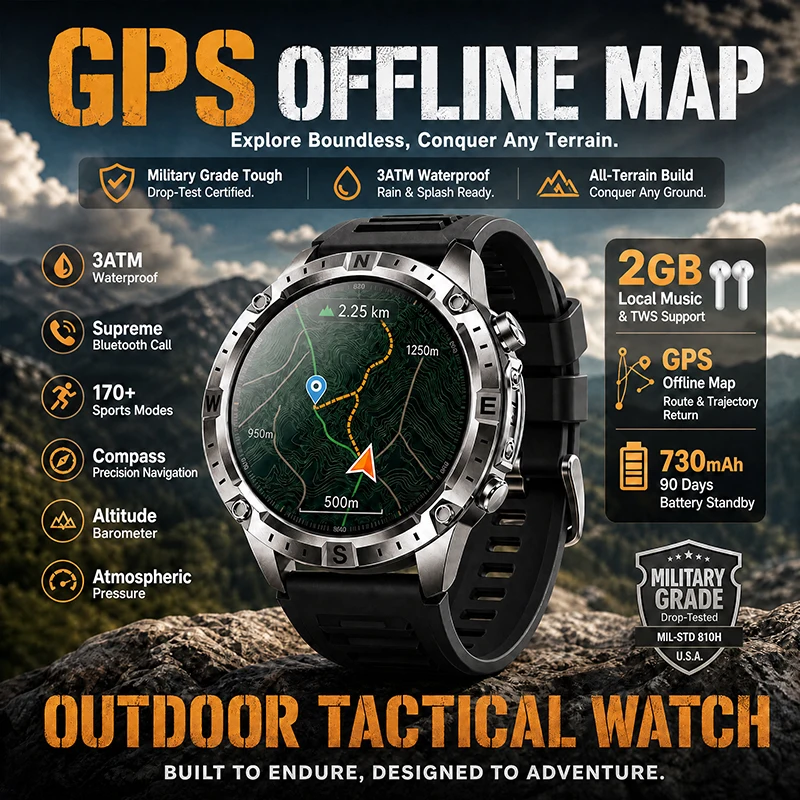 New Outdoor GPS Offline Map Smart Watch 5ATM Waterproof 170+ Sports LED Compass Altimeter AMOLED BT Call Smart Watches Man 2026