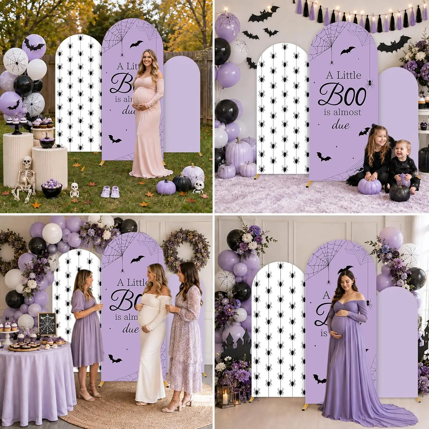 2-sided Halloween Baby Shower Background A Little Boo is Almost Due Arch Backdrop Cover Purple Spider Bat Gender Reveal Party