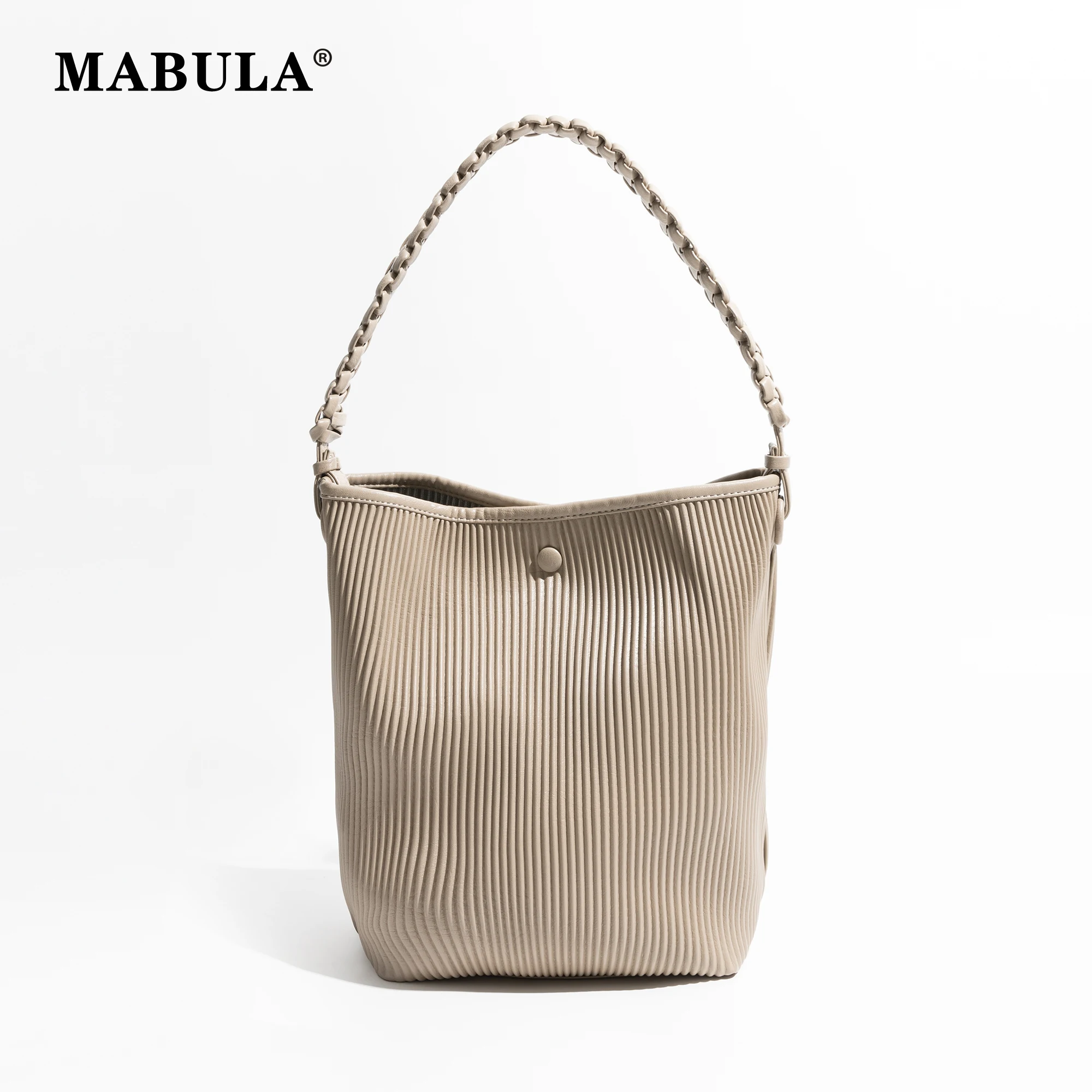 

MABULA Vegant Leather Pleated Bucket Bag Set 2 pcs Plaited Woven Handle Handbag Wallet Solid Green Big Shopper Tote for Women