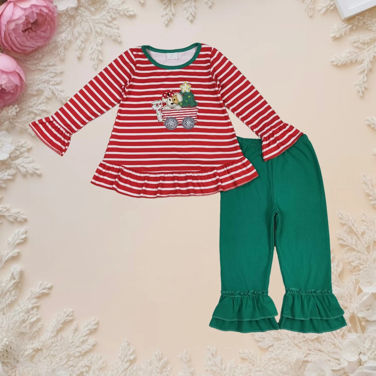 

Hot Sale Baby Girl Outfit Toddler Clothing Set Stripe Long Sleeve Top with Ruffle Pants Kids Clothes Christmas Party Daily Wear