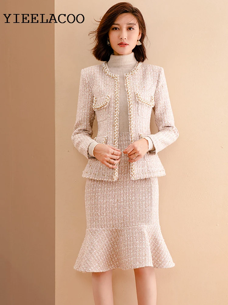 Pink Apricot tweed jacket + skirt Professional  set spring /autumn women's jacket Business ladies 2 piece  fishtail skirt suit