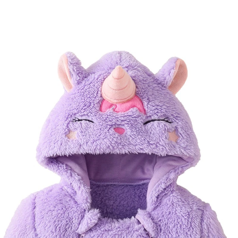 Cute Purple Unicorn Hooded Fleece Baby Romper Jumpsuit Newborn Infant Toddler Cosplay Costume Outfit Winter Warm Soft Clothes