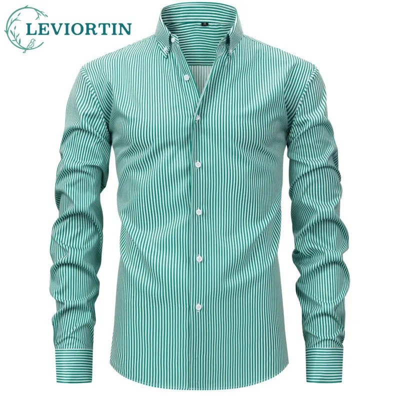 Spring/autumn Men's Fashion Versatile High End Four sided Bounce Digital Printed Stripe Casual Simple Collar Long Sleeve Shirt