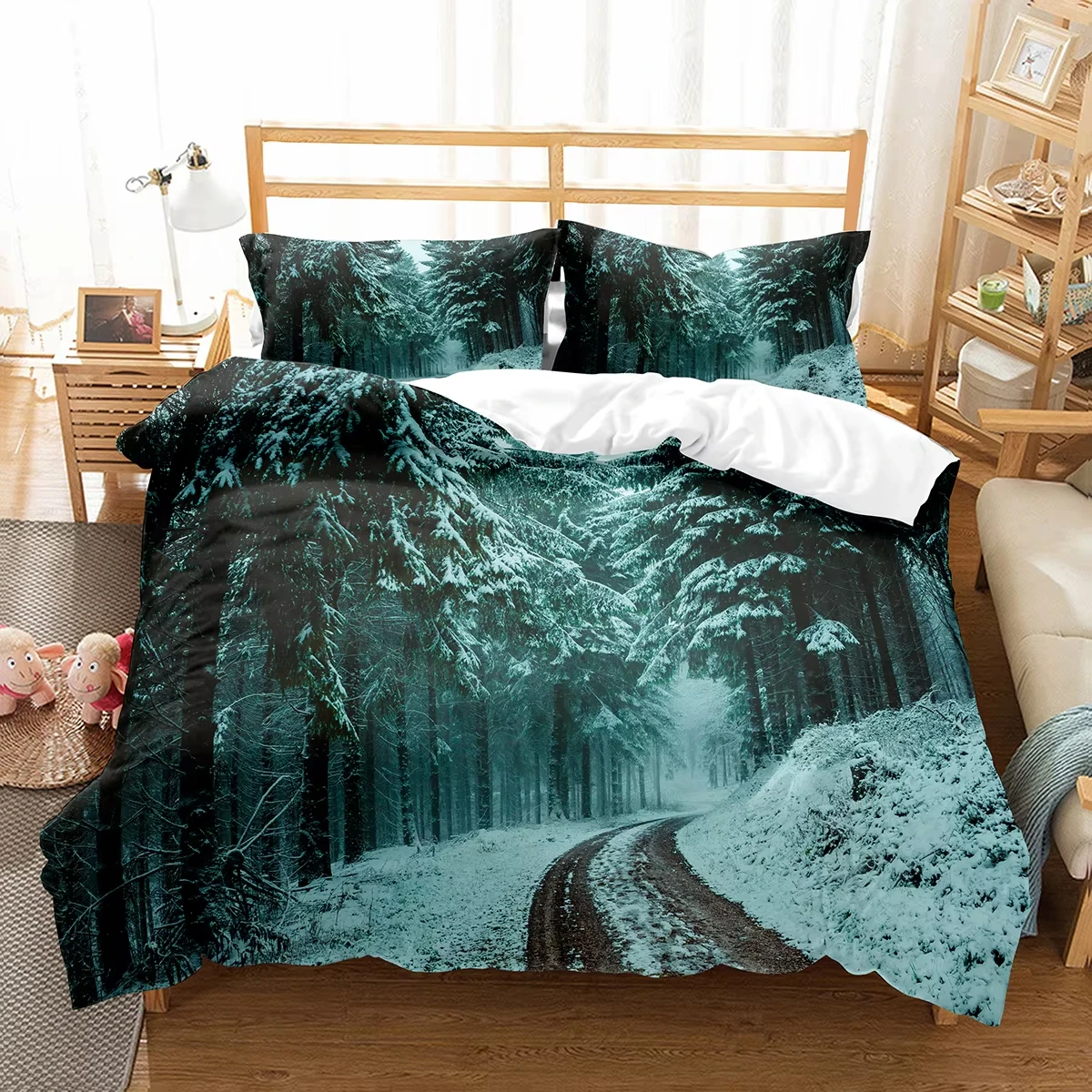 Winter Forest Duvet Cover Twin King Size Natural Scenery Comforter Cover Snowy Landscape Bedding Set for Boys Girls Bedroom Dorm