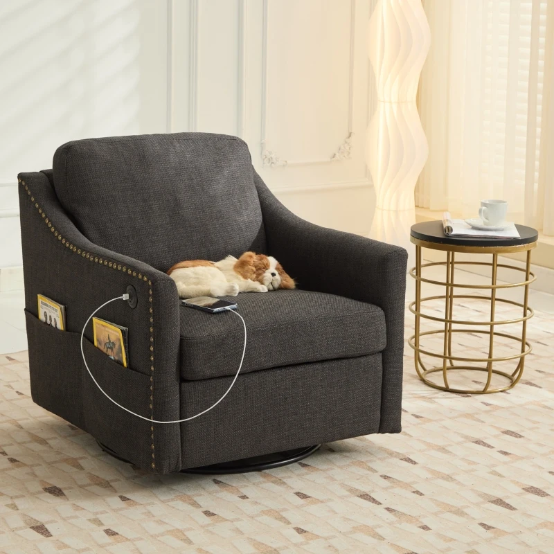 dark grey 360 degree swivel rotating accent chair with USB and magazine book for living room and hotel bed room,upholstered ac