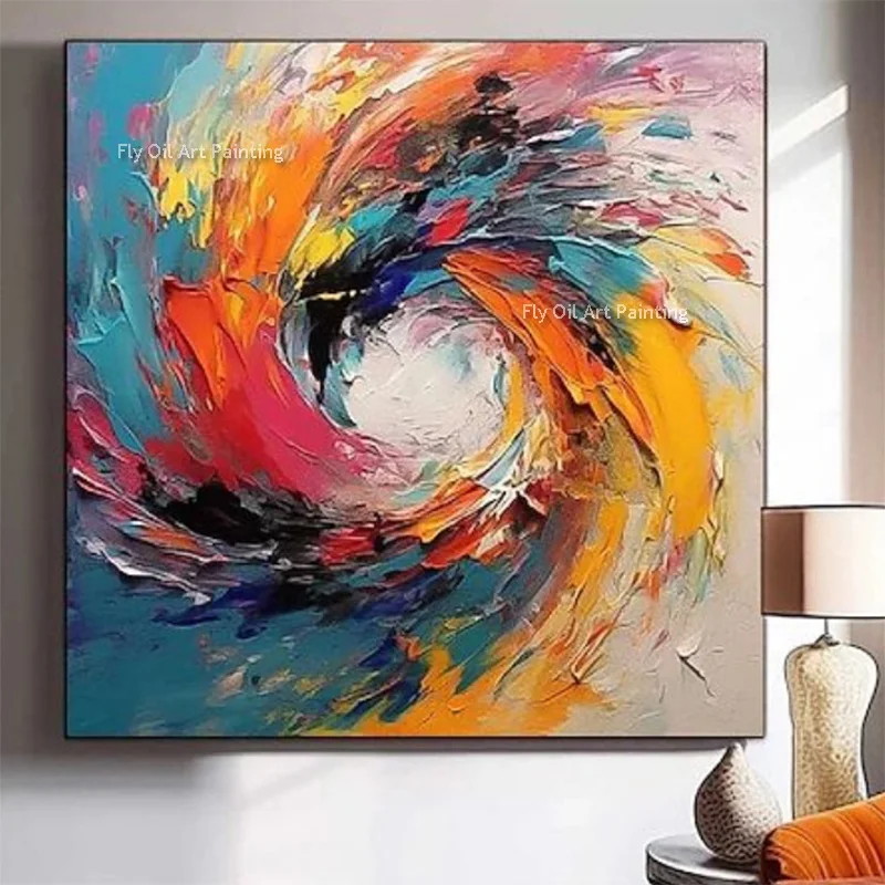 Large Colorful Beautiful Feather Canvas Thick Simple Artwork Handpainted Blue Yellow Color Mixed Oil Painting For Room Decor