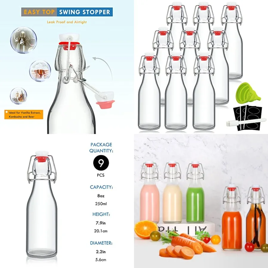 Botellas de Vidrio de 8oz con Tapa Abatible - Botellas de Cerveza con Tapas Herméticas de Goma para Elaboración Casera de Kombucha, Bebidas, Aceite, Vinagre