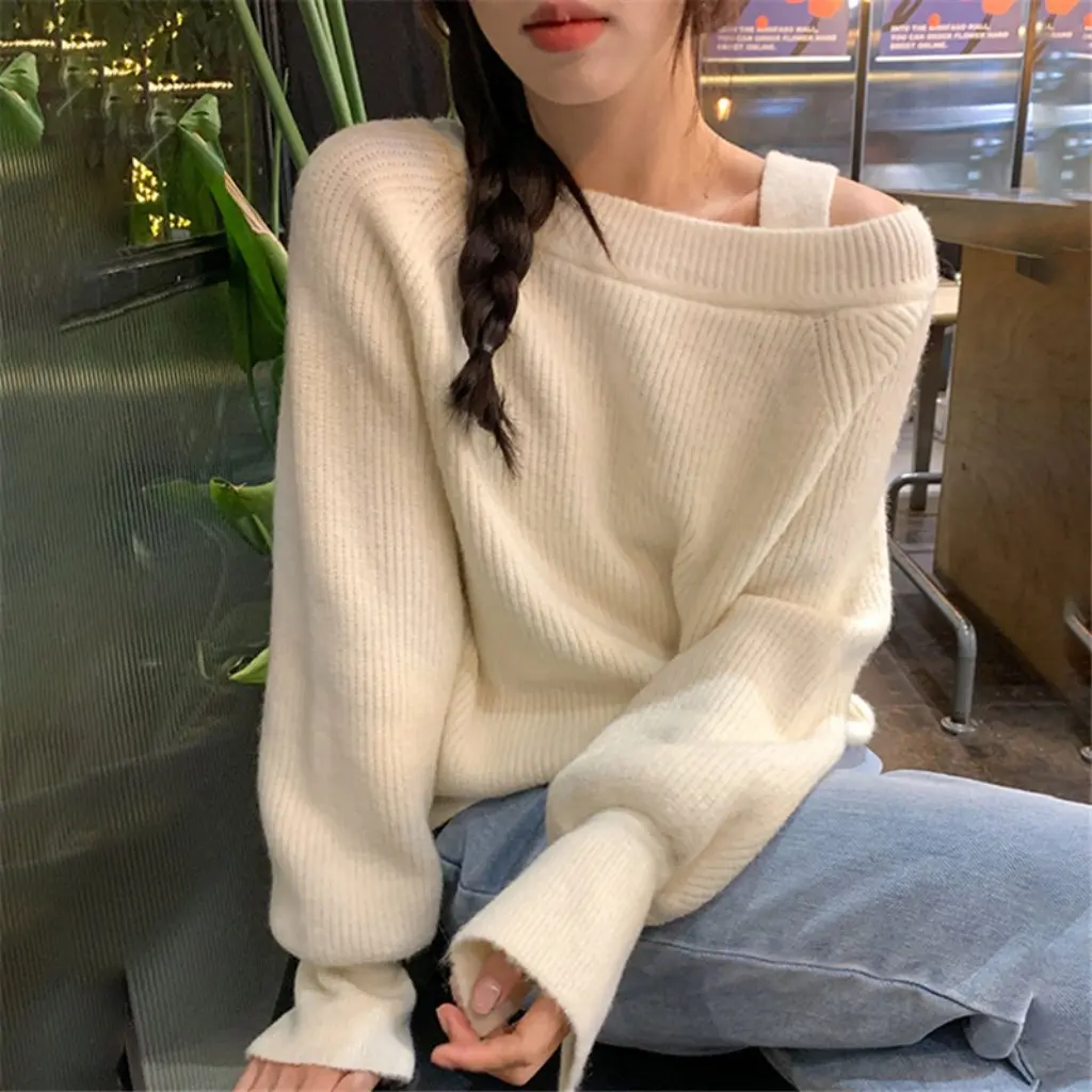 Damski sweter na jesień i zimę z odkrytymi ramionami, delikatny temperament, pojedynczy pasek, luźny krój, jednolity kolor, swobodny top.