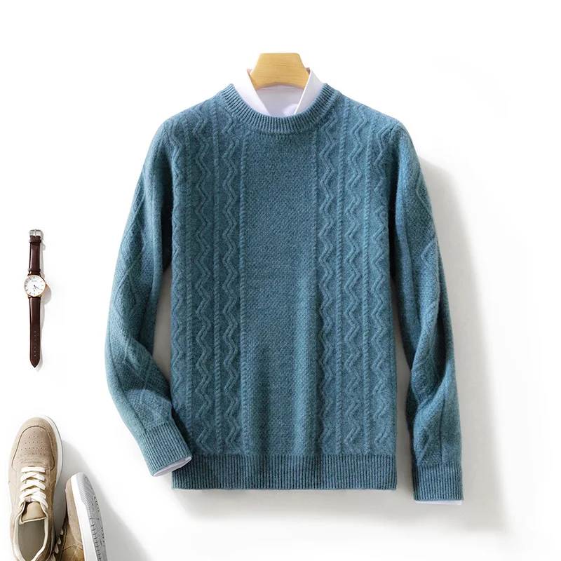 Autumn Winter New Cashmere Sweater 100% Wool Men\'s Sweater Round Neck Knitted Pullover Casual Honeycomb Men\'s Clothing