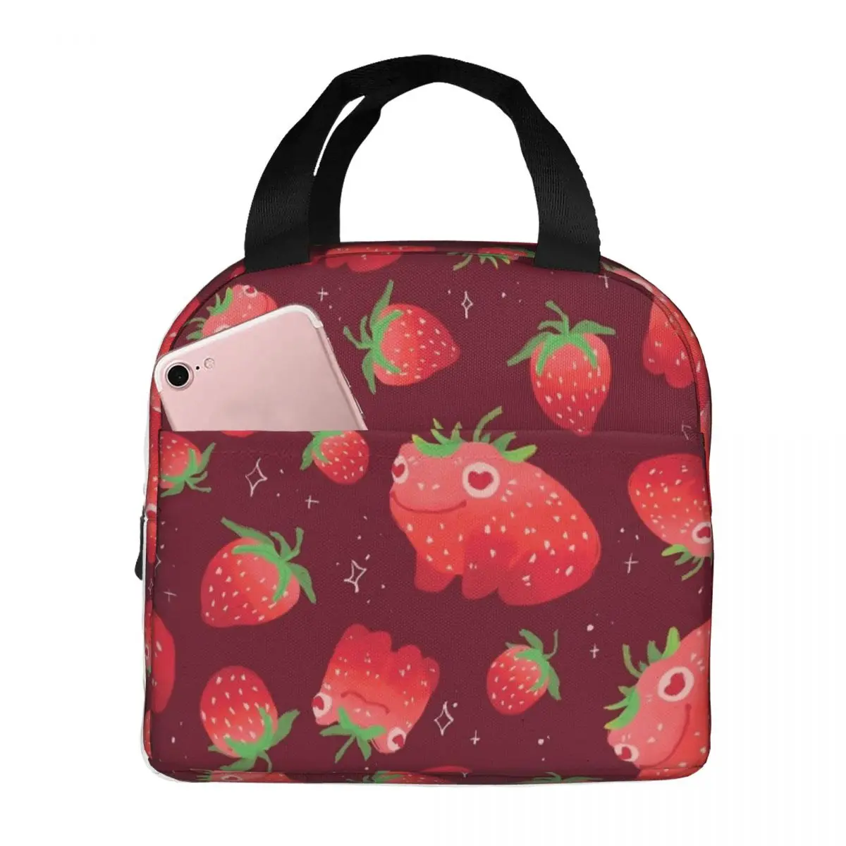 

Cartoon Strawberry Frogs Pattern Insulated Lunch Bag Fruit Reusable Thermal Bag Tote Lunch Box College Travel Food Storage Bags