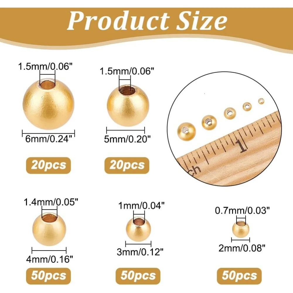 200 Pcs Round Spacer Beads, 14k Gold Brass Beads Long Lasting Round Smooth Spacer Beads Seamless Ball Bead Metal Bead Jewelry