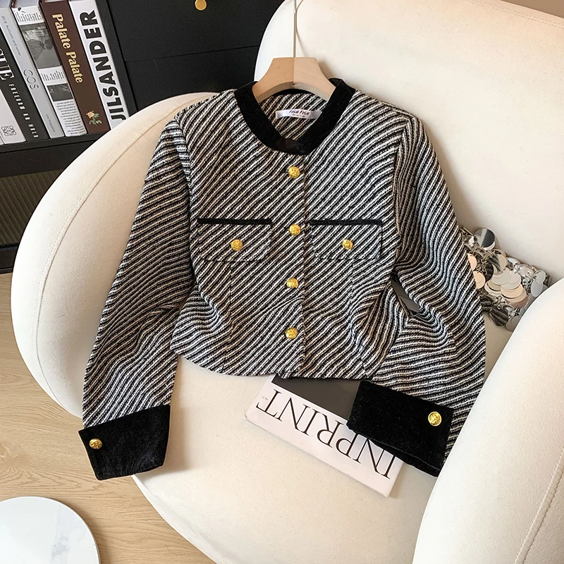Autumn Elegant Crop Coats Women Vintage Striped Button Long Sleeve Jacket Office Lady Slim Fit Patchwork Retro Outwear Tops New