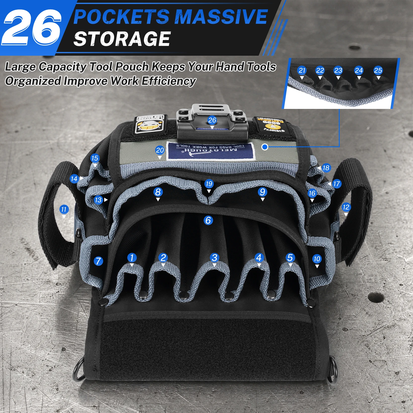 Hard Bottom 26‑Pockets Electrician Tool Pouch Clip‑on Service Tech Tool Bag for HVAC Construction Mechanical Maintenance