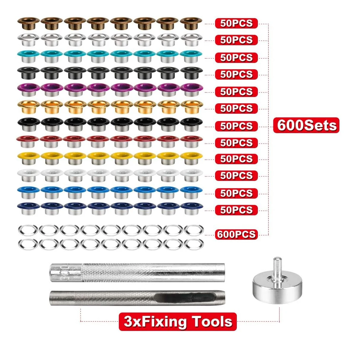600Pcs Metal Eyelets, 3/16 inch Metal Grommets Kit with 3 Pcs Installation Tool for DIY Shoes Clothes Crafts Bag