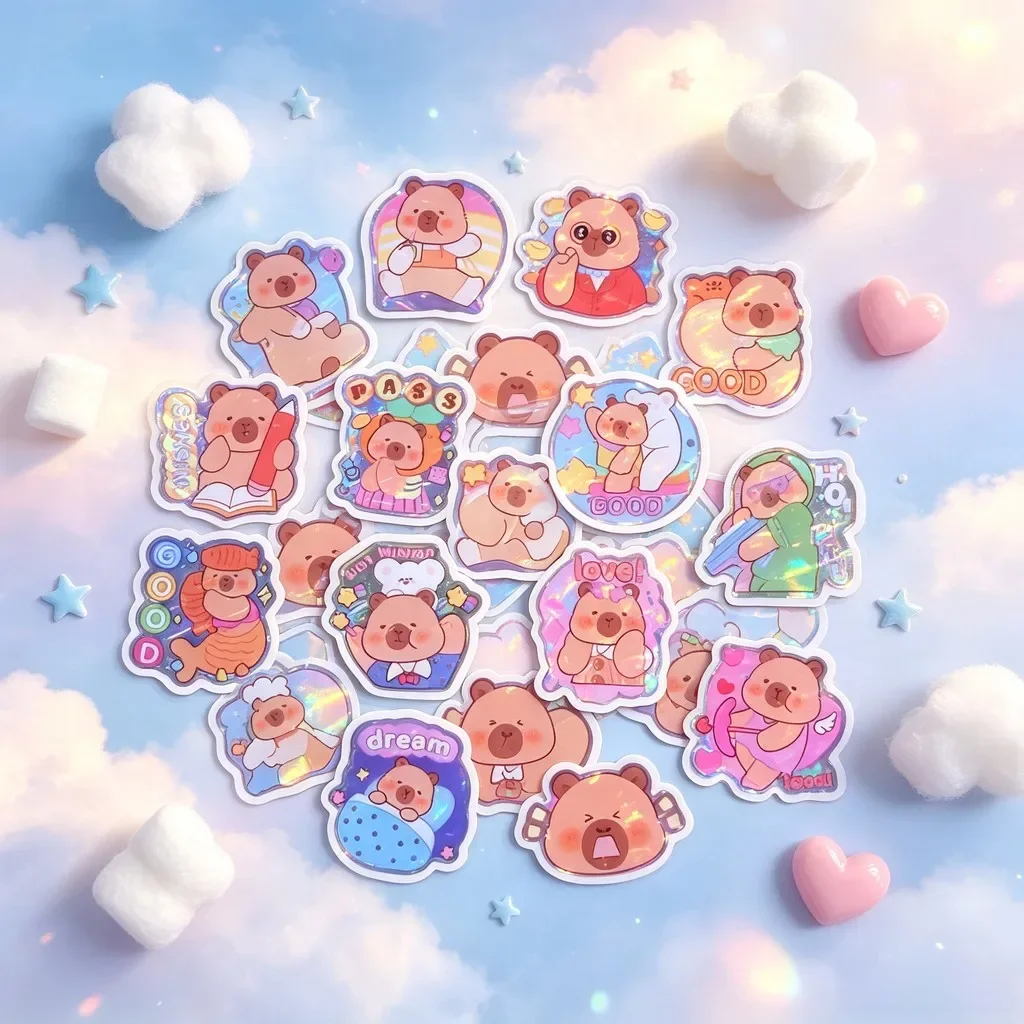 15pcs Pink Capybara Epoxy Resin Decals, Shiny Holographic Cartoon Stickers for Resin Mold, Planner and Tumbler DIY Decoration