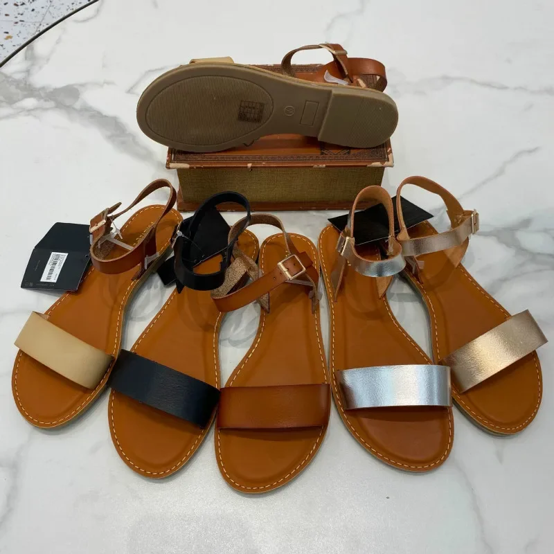 Women Gladiator Sandals Flat with Summer Beach Shoes Woman Retro Solid Round To Comfort Casual Buckle Strap Beach Sandalias