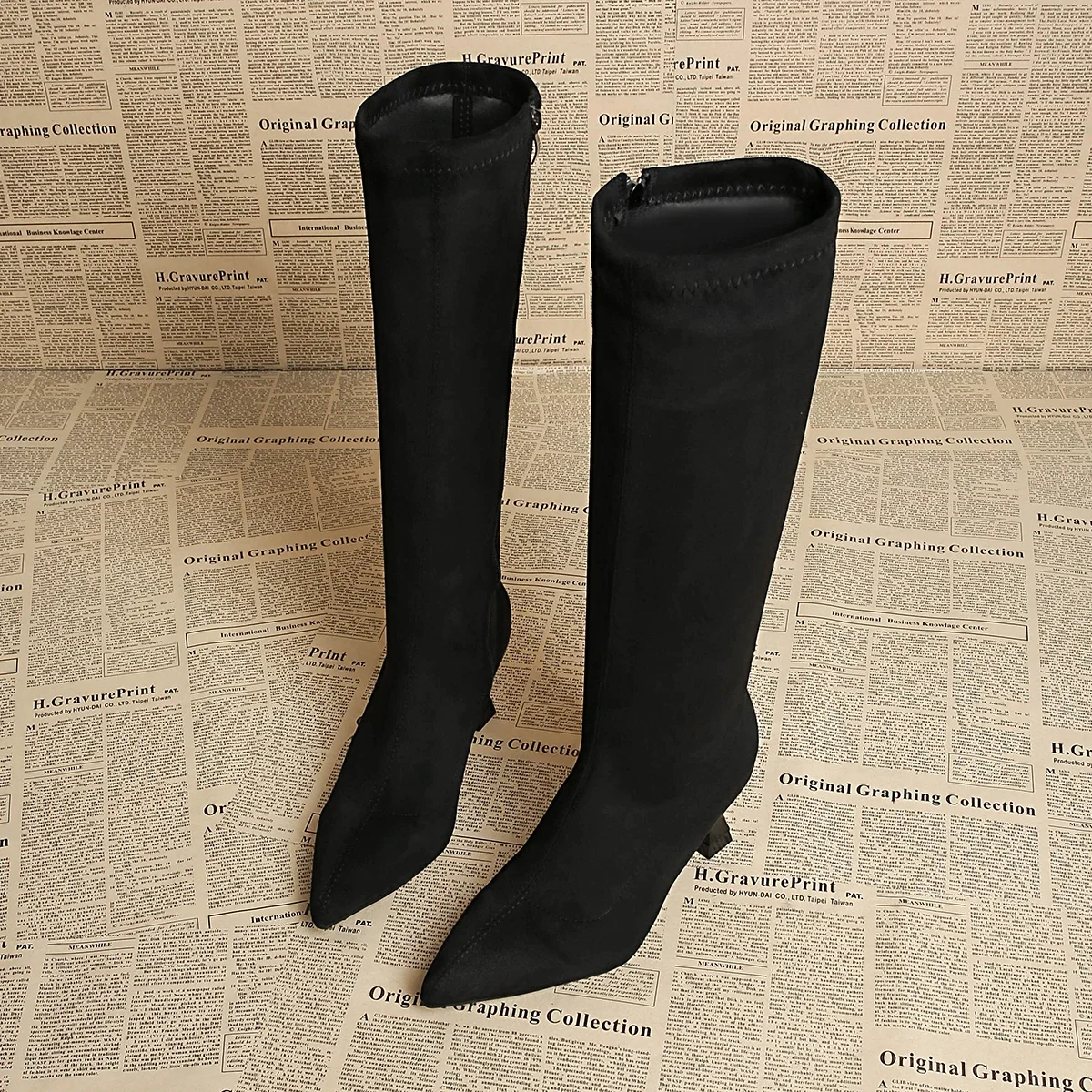 Botas Largas Elegantes para Mujer, Estilo 2025, Cierre Trasero, Punta en Pico, Tacones Altos, Botas Cálidas de Invierno, Botas Casuales hasta la Rodilla para Mujer