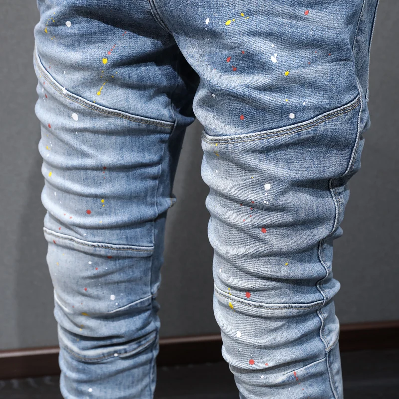 High Street Fashion Men Jeans Retro Light Blue Elastic Stretch Skinny Fit Biker Jeans Men Painted Spliced Designer Hip Hop Pants