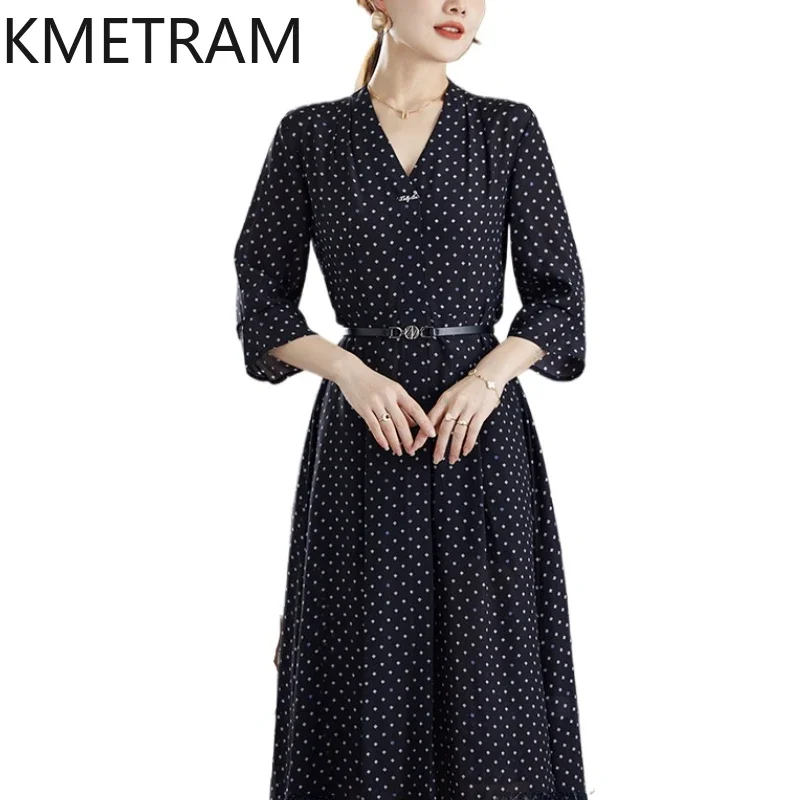 KMETRAM 100% Mulberry Silk Dress Women Elegant Party Long Dresses Female 2024 New in Summer Dress with Belt Women Clothing 원피스