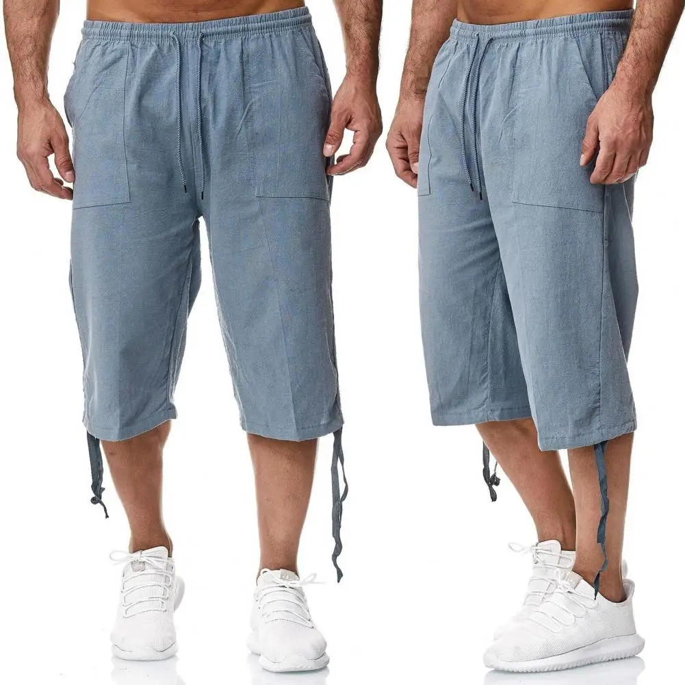 

Men Pants Men's Summer Casual Knee-length Shorts with Elastic Waist Drawstring Breathable Fabric Lounge Pants with Pockets Side