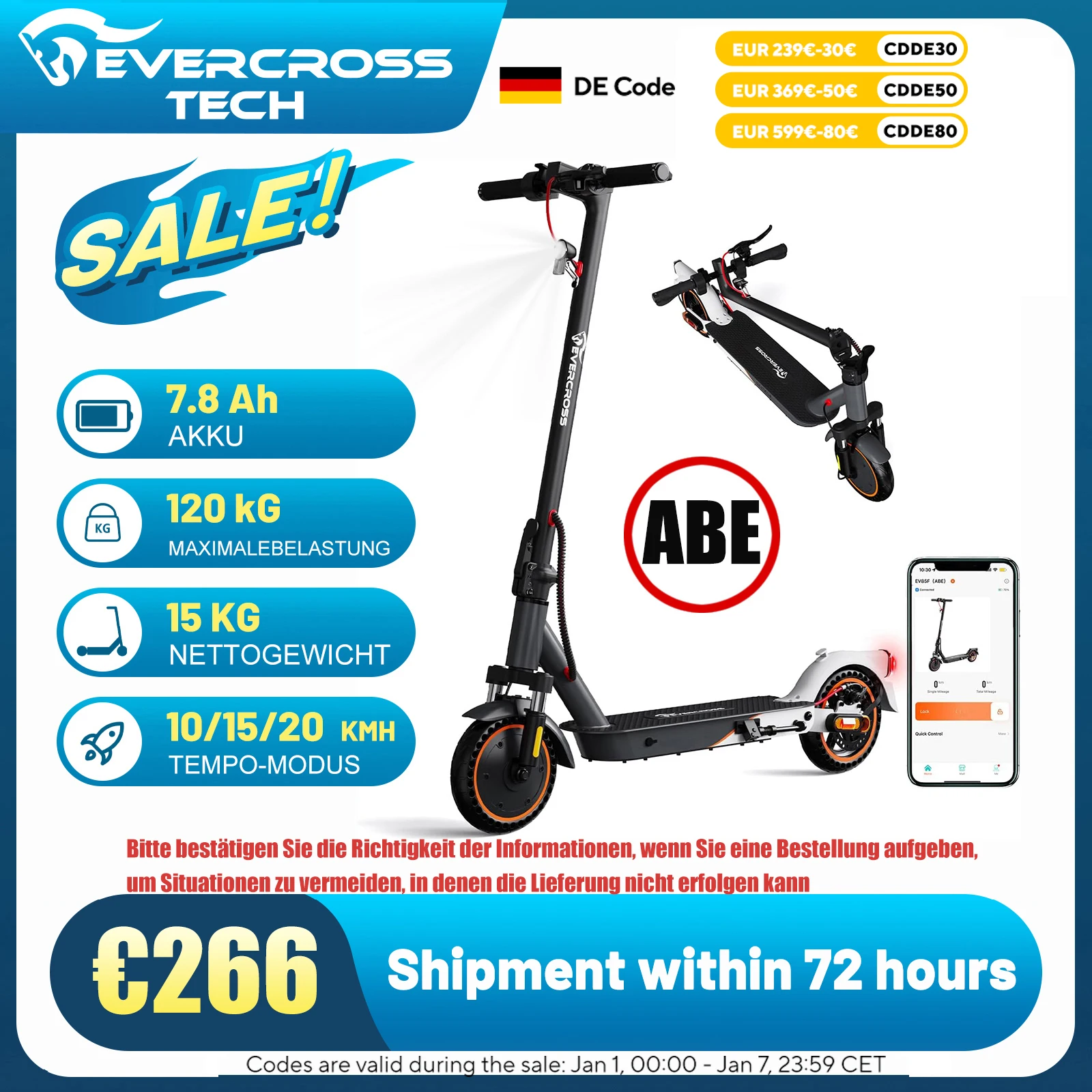 EVERCROSS TECH EV85F E-Scooter Erwachsene, Faltbar mit App, 400W Motor, 7.8ah Akku, Geschwindigkeit 20 km/h, Reichweite 30 km