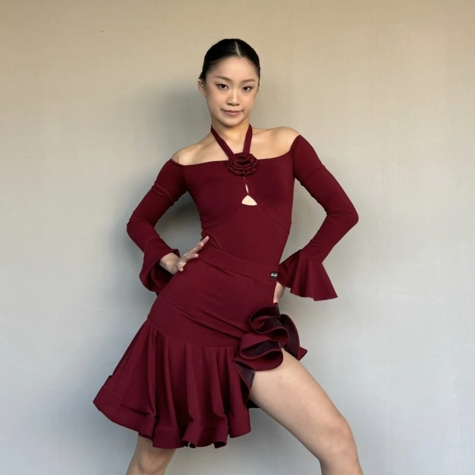 Latin Dance Clothes Women Long Sleeves Halter Neck Bodysuit Tops Fish Bone Skirt Cha Cha Dance Competition Dress Practice Wear view 5