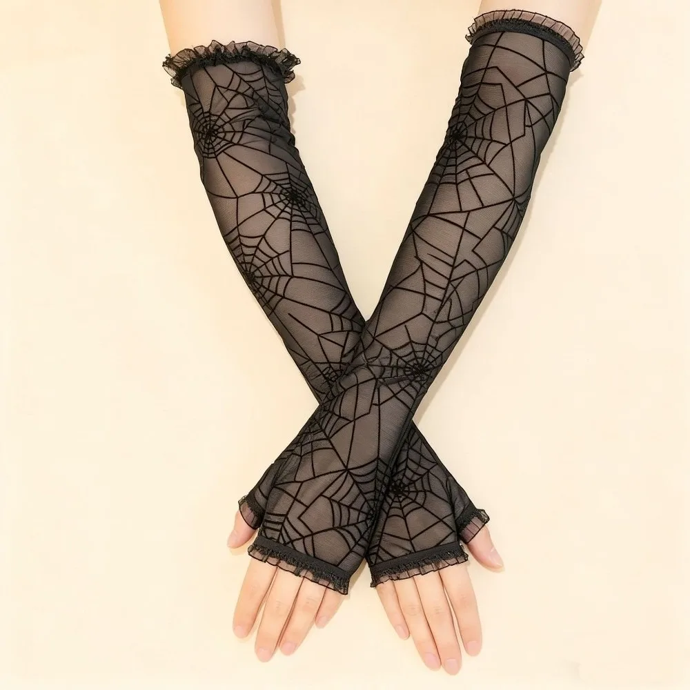 

Fashion Spider Web Lace Fingerless Gloves Half Finger Mesh Mittens Lace Long Arm Sleeves Ruched Wrist Cuffs Cosplay Party