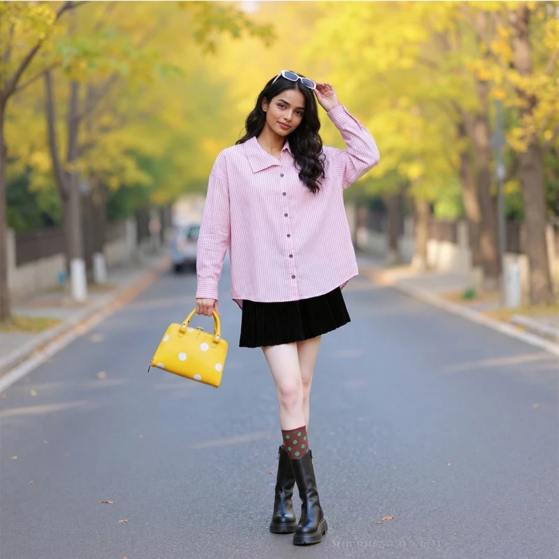 

Sweet pink loose women's shirt striped high neck with irregular collar new spring elegant casual women's shirt