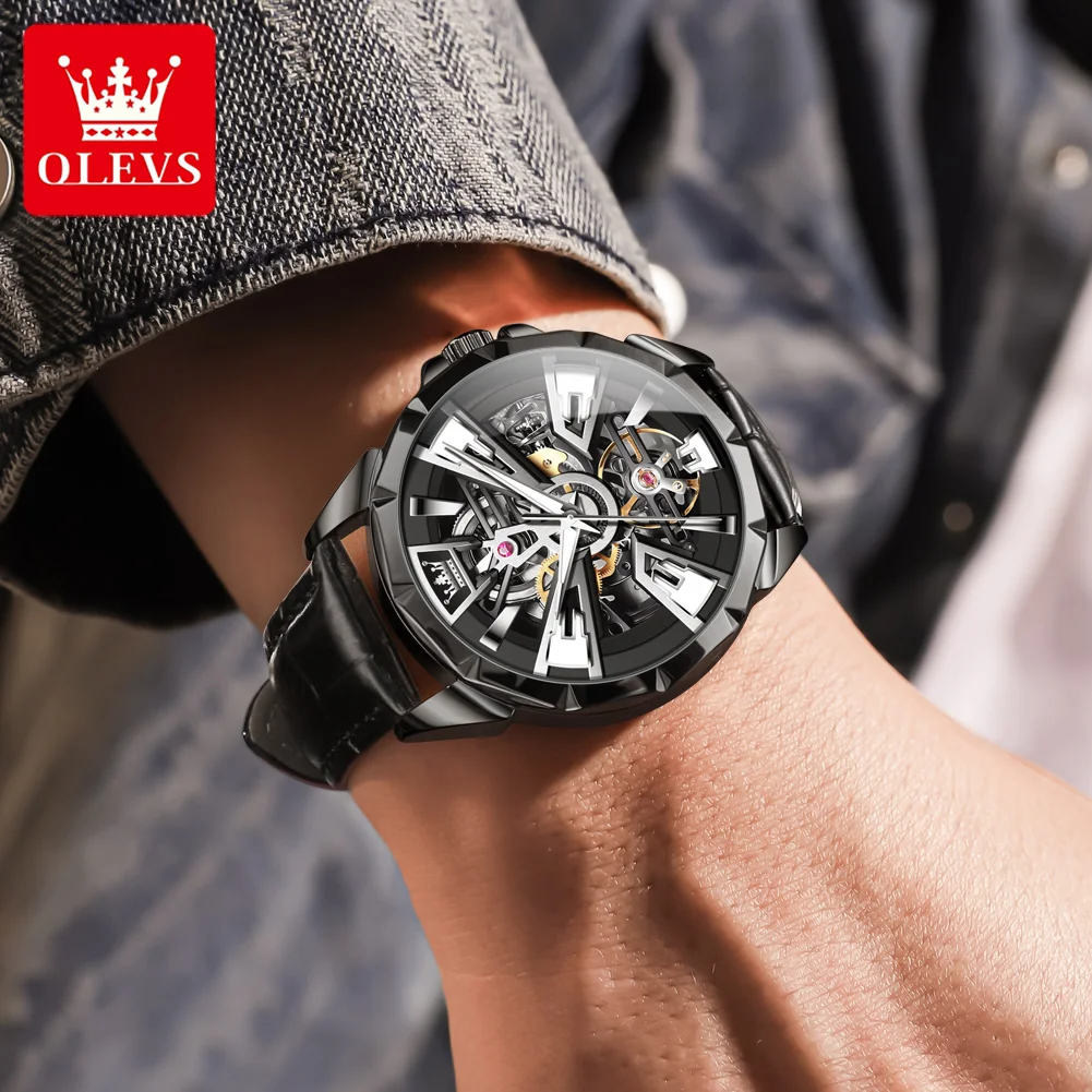 OLEVS 7051 Fashion Men's Watch Leather Strap 30M waterproof Hollow HD Luminous Automatic Mechanical Wristwatch for Men - Image 3